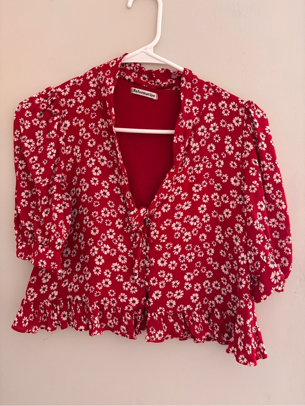 Reformation Red Floral Tie-Front Puff Sleeve Blouse